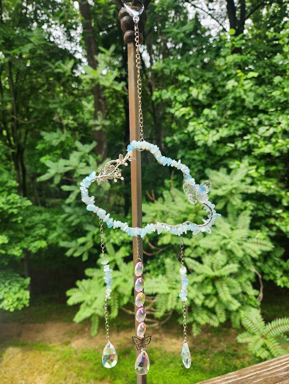 Handmade Cloud Aquamarine Chip Butterfly Crystal Suncatcher With Crystal Accents